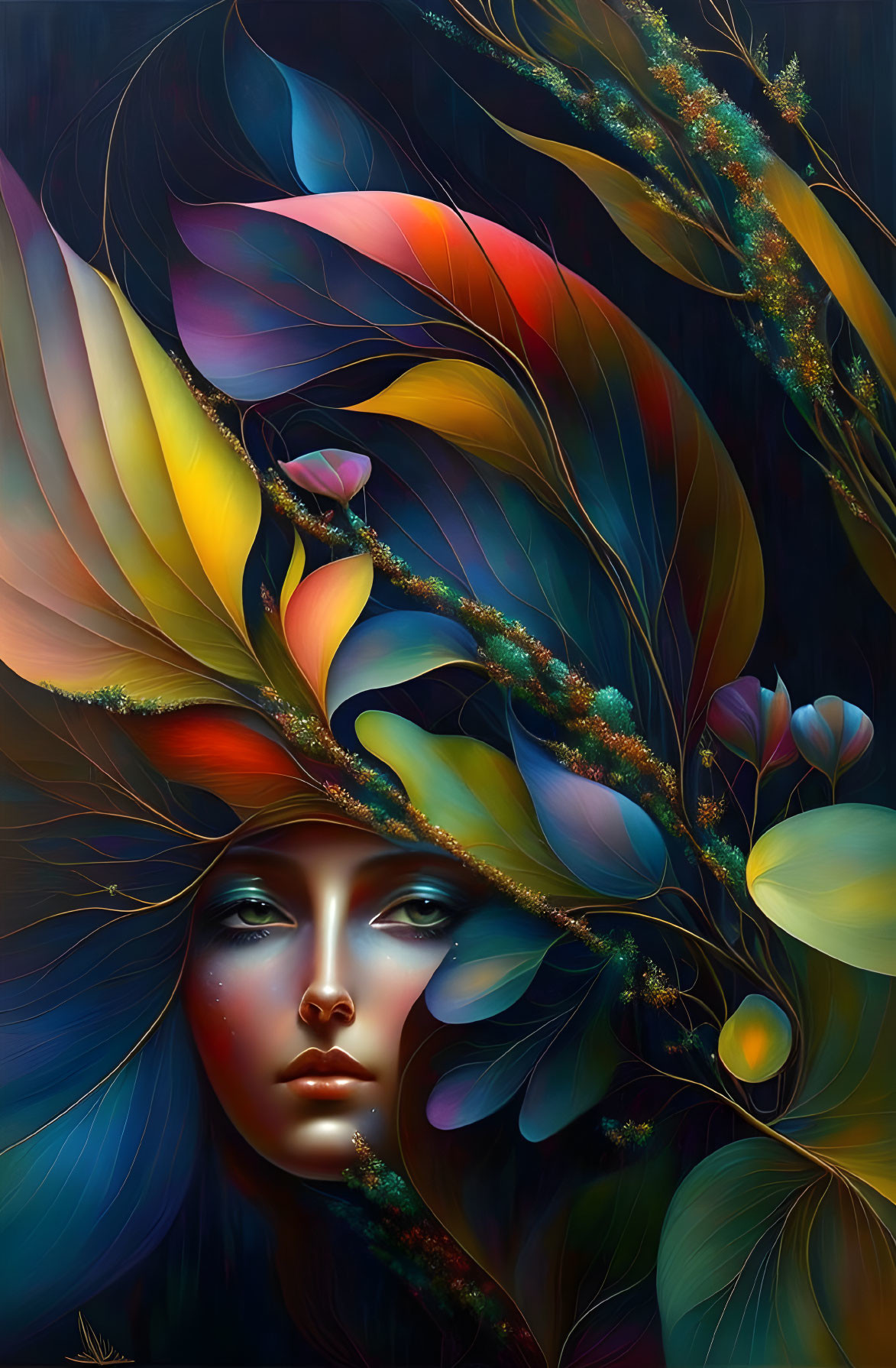 Colorful digital artwork of woman's face with floral and feather elements on dark background