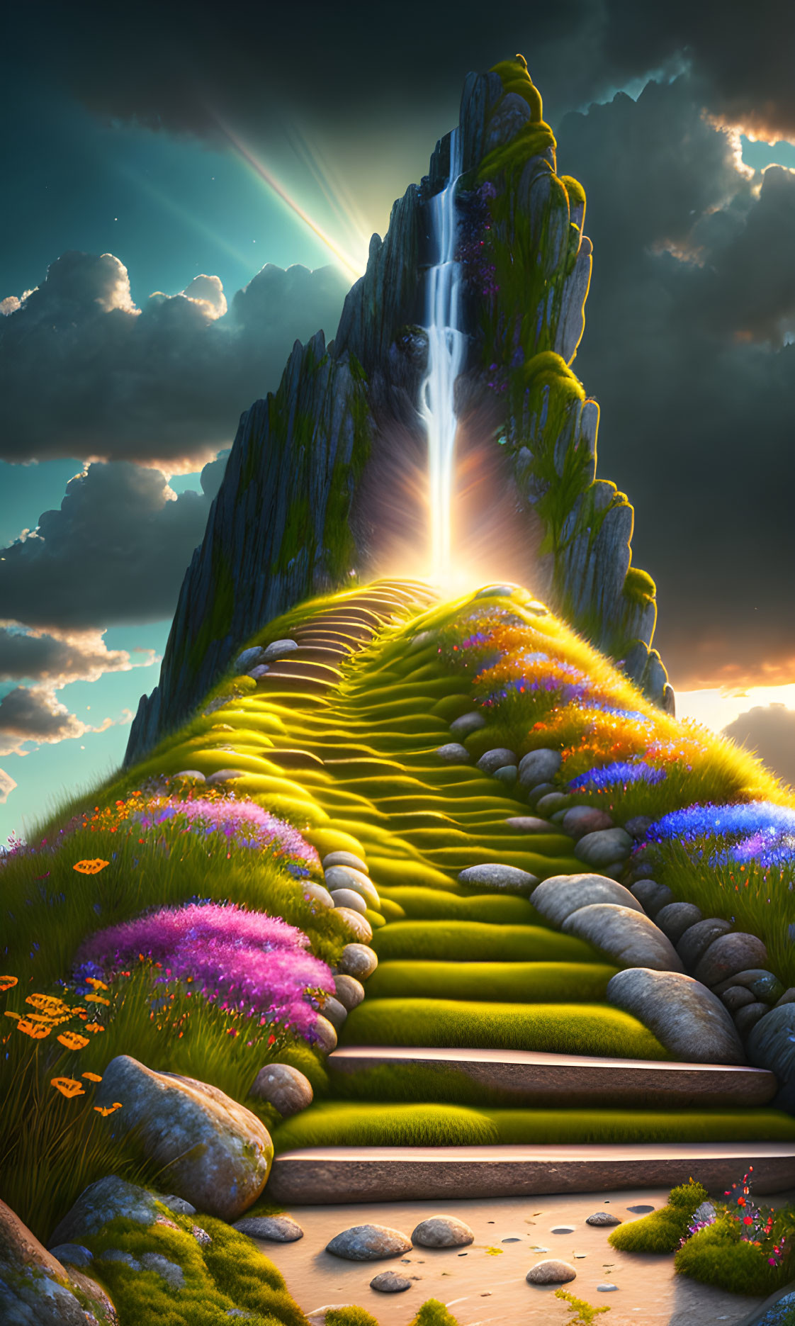 Colorful digital artwork: Mystical stairway, waterfall, mountain, flora, light rays