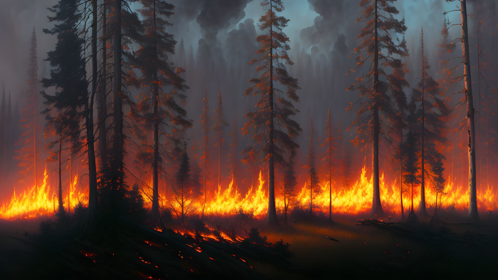 Forest fire raging under towering trees in a smoky atmosphere