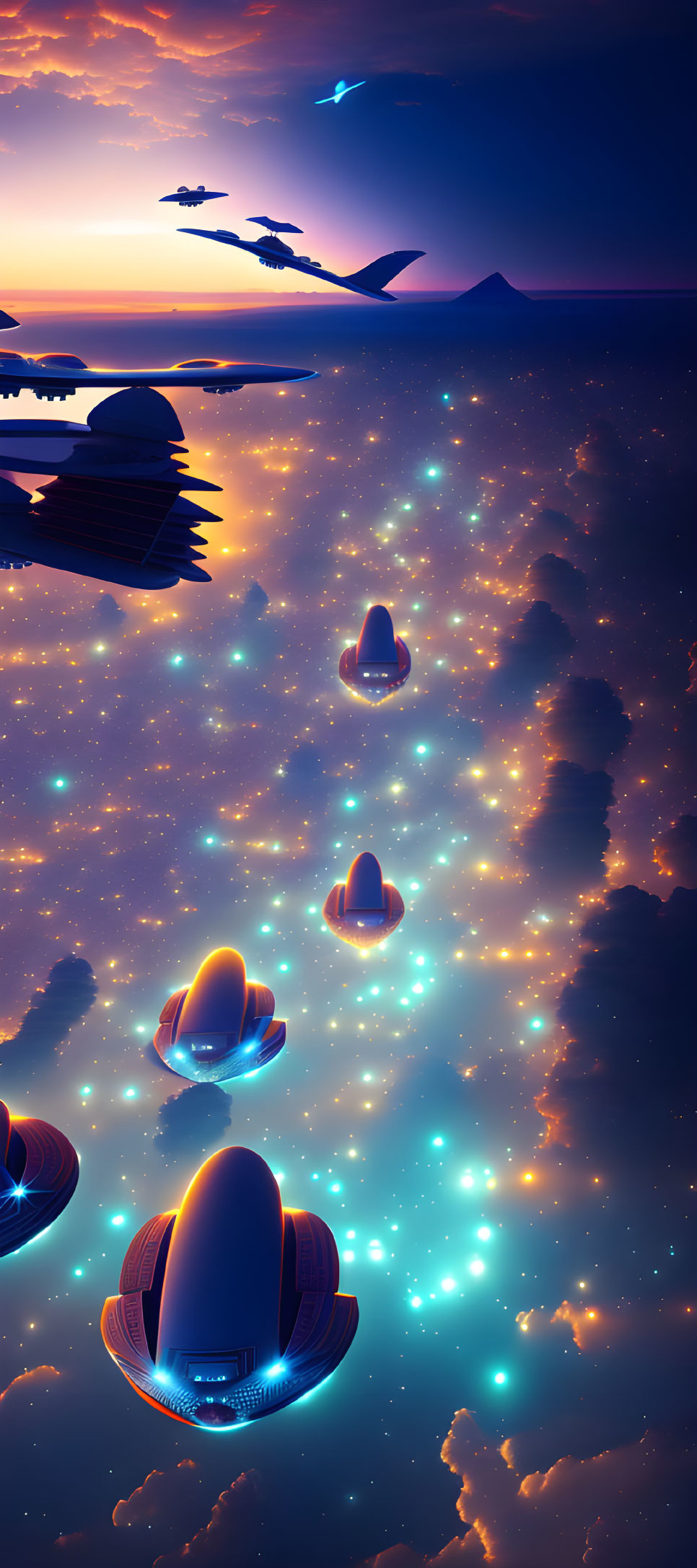 Surreal starlit seascape with futuristic UFOs, birds, and clouds