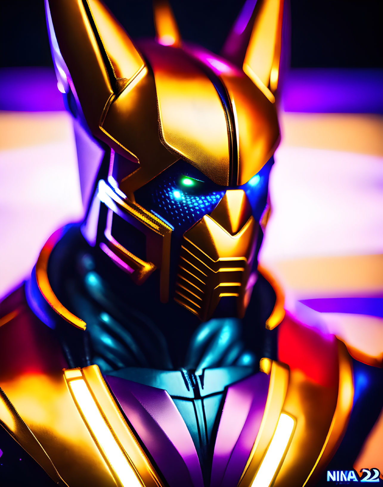 Futuristic golden helmet with blue lights on neon-lit background