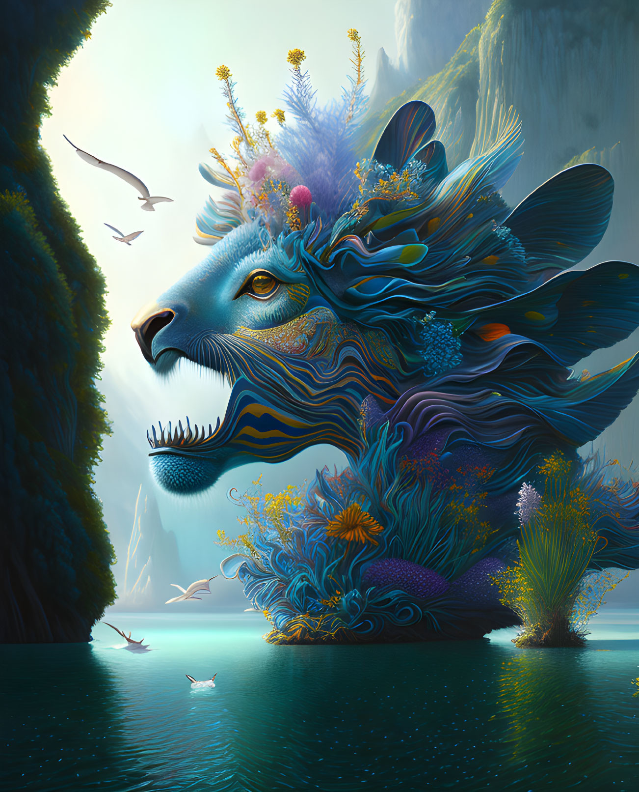 Colorful lion-faced creature with botanical elements in serene landscape