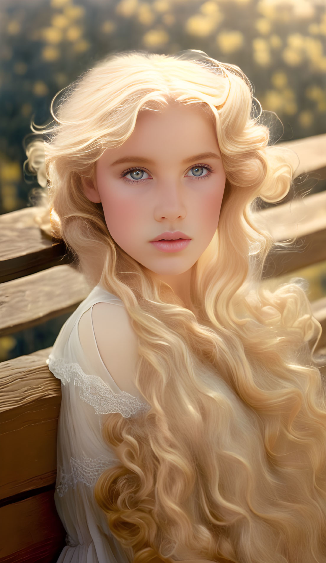 Young girl with long blonde hair in white dress under sunlight.