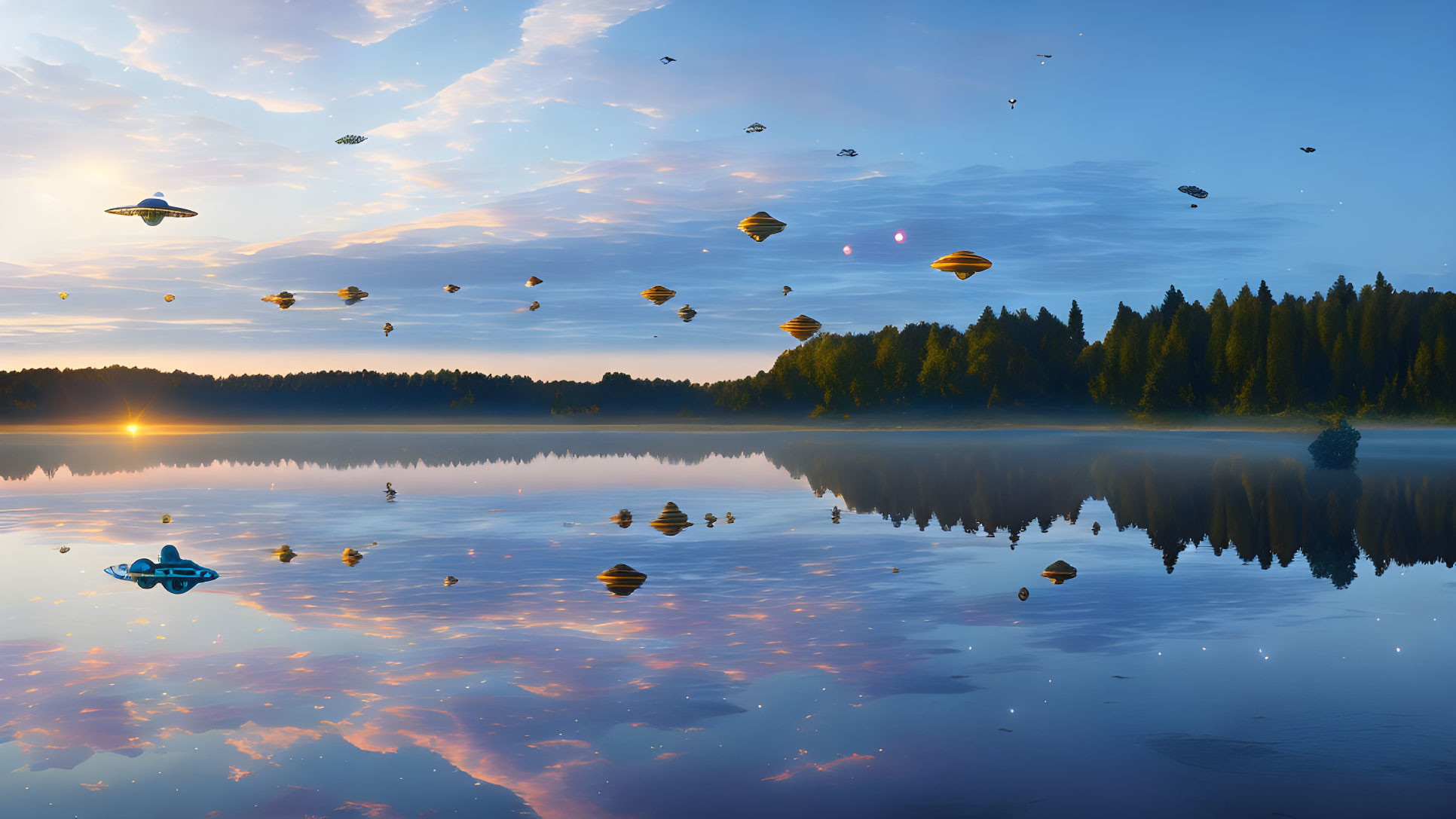 Serene lake sunrise with kayaker, forest, and flying saucers in sky