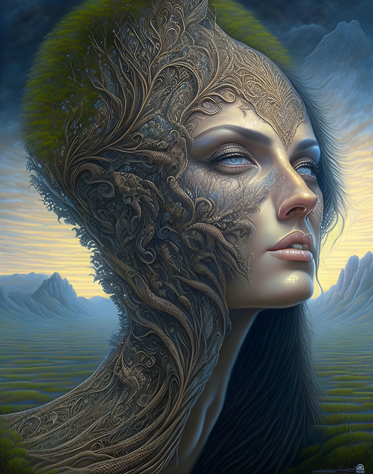 Detailed digital artwork: Woman with metallic filigree headpiece merging with sunset landscape.