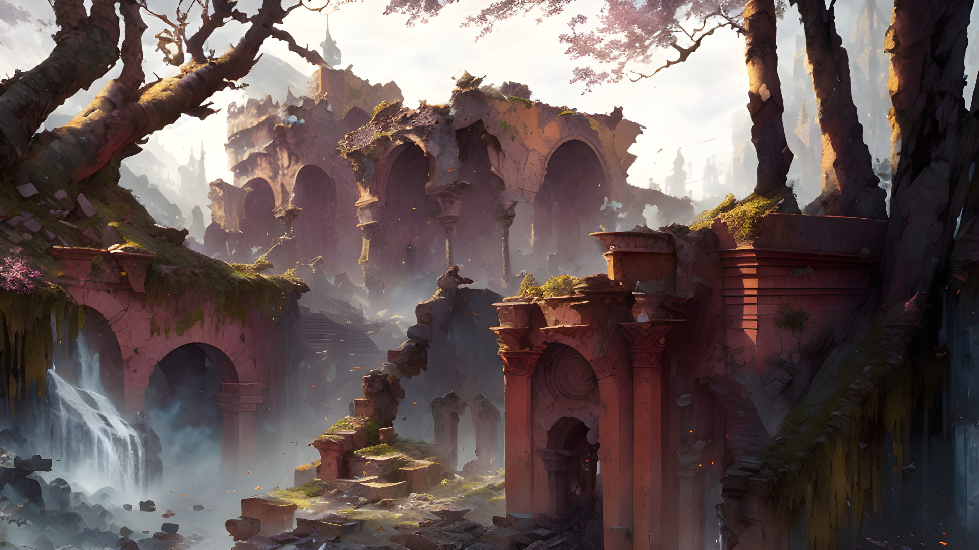 Ancient Ruin with Arches, Columns, Waterfall, Trees, and Mist