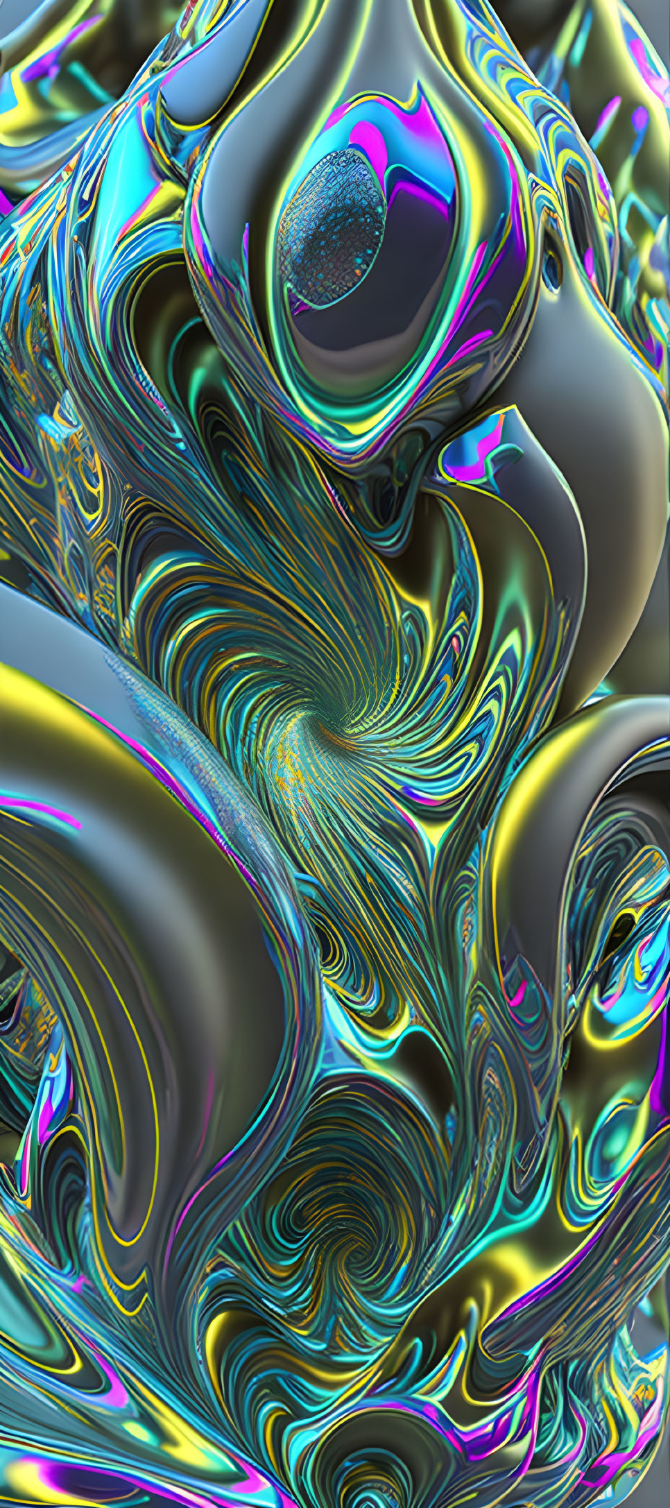 Colorful swirling patterns in blue, gold, and silver hues