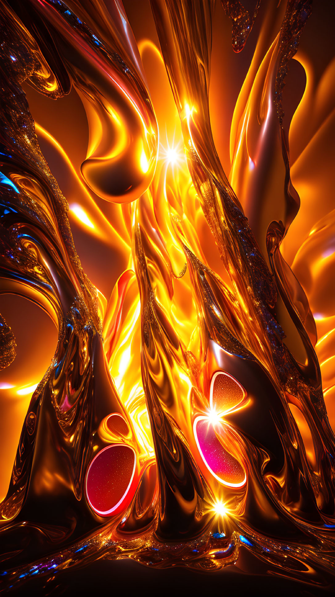 Vibrant orange and red abstract digital art with glowing fluid shapes and lines