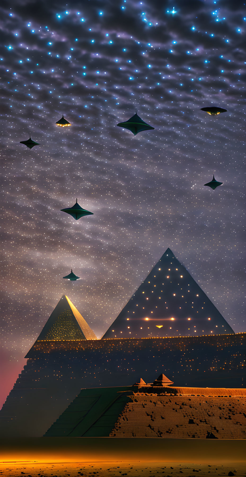 Digital artwork featuring Egyptian pyramids at night with mystical starry sky and luminous geometric shapes