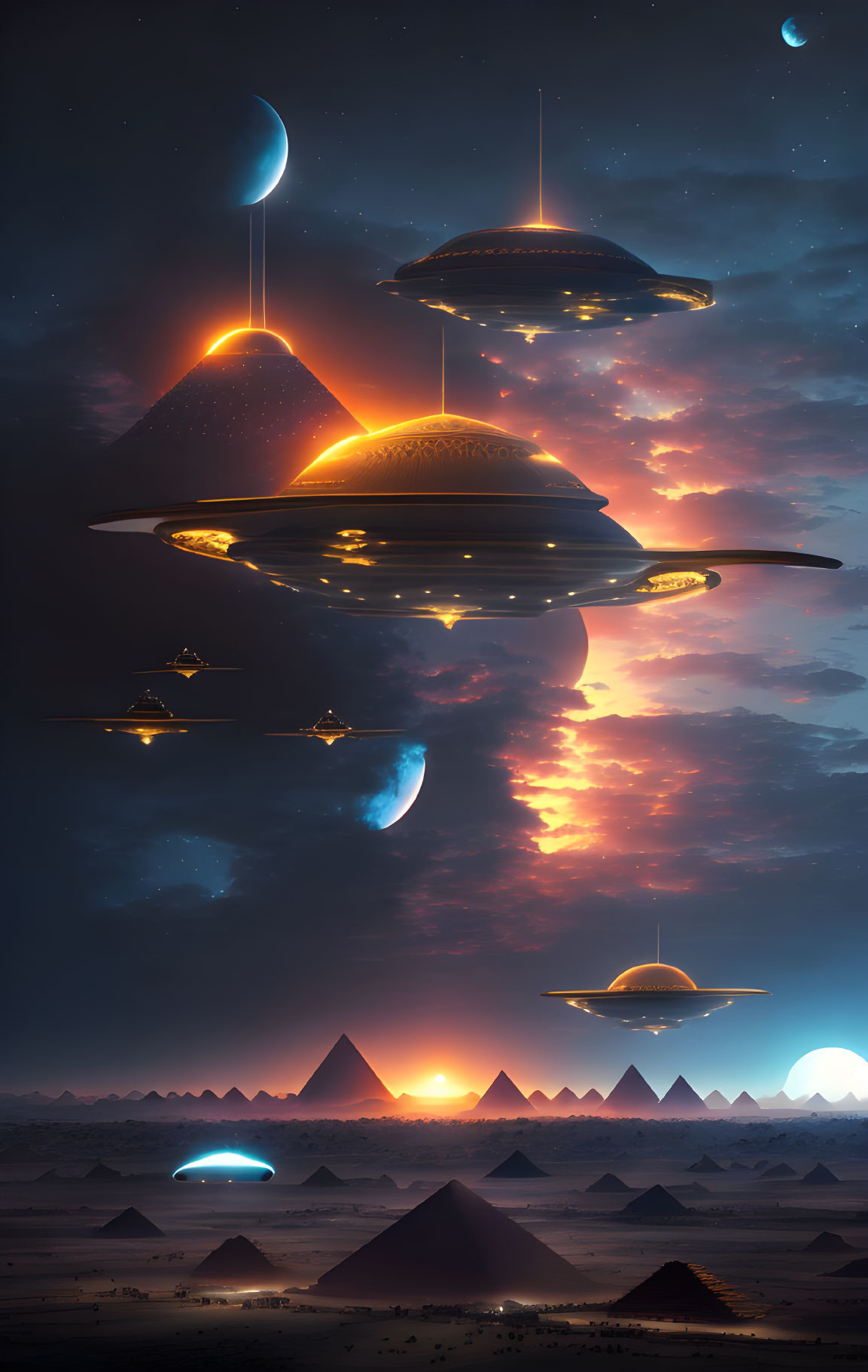 Futuristic UFOs over pyramids in twilight sky with multiple moons