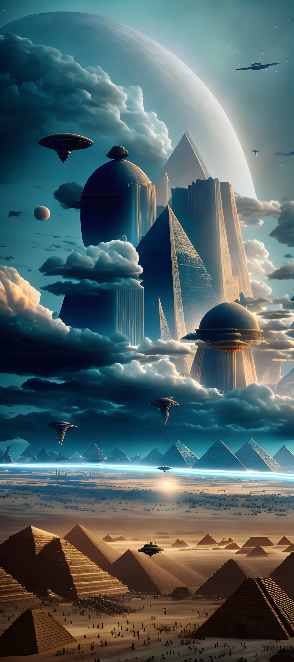 Futuristic desert landscape with alien structures, pyramids, and spacecraft against massive planet.