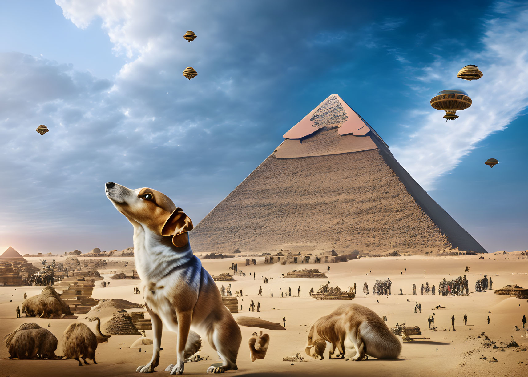 Foreground dog gazes up at pyramids and hot air balloons against partly cloudy sky