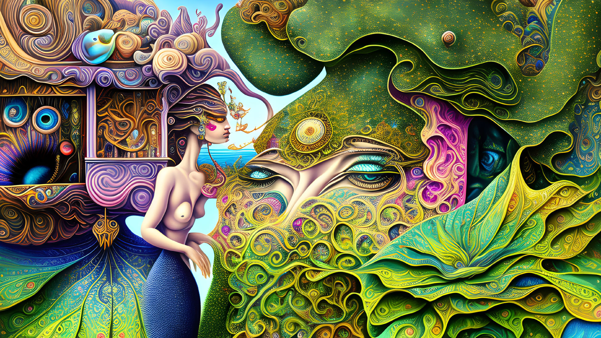 Colorful Psychedelic Artwork: Woman, Cosmic Elements, Owl, Ethereal Face