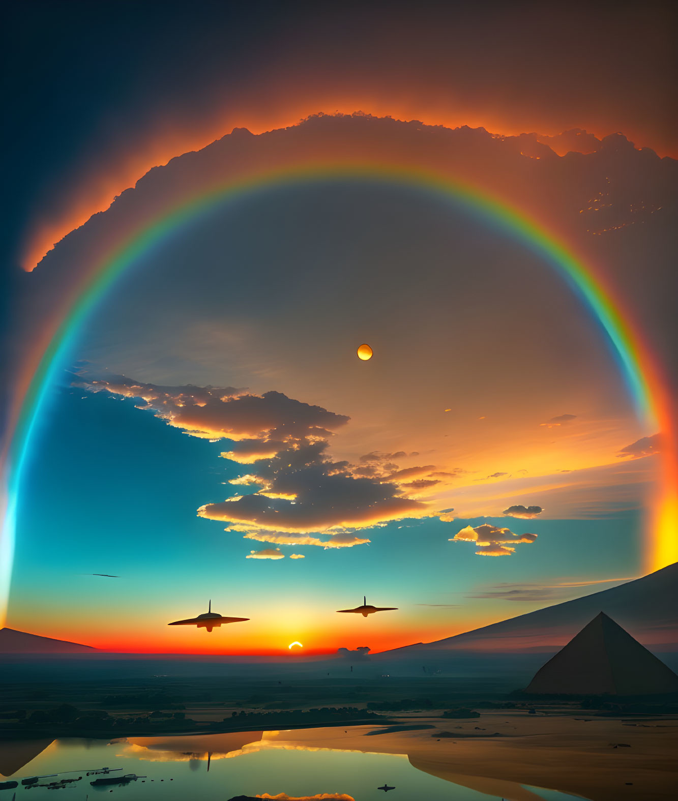 Colorful rainbow over sunset with silhouetted airplanes and pyramids reflected in water