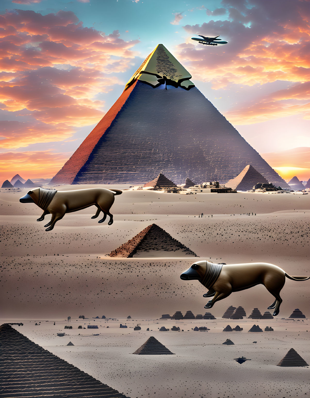 Surreal desert landscape with pyramids, hang glider, and flying dogs