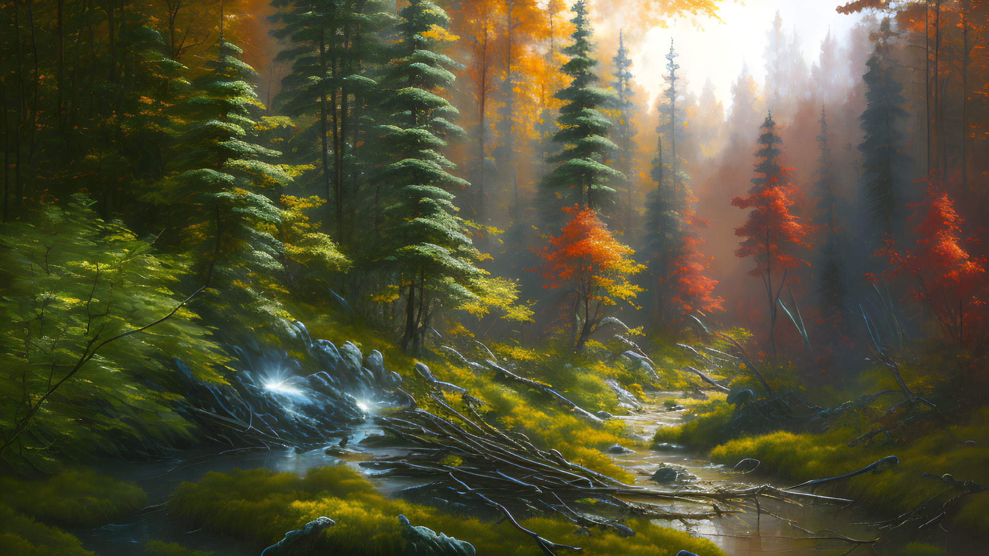 Tranquil forest scene with stream, mist, and autumn trees