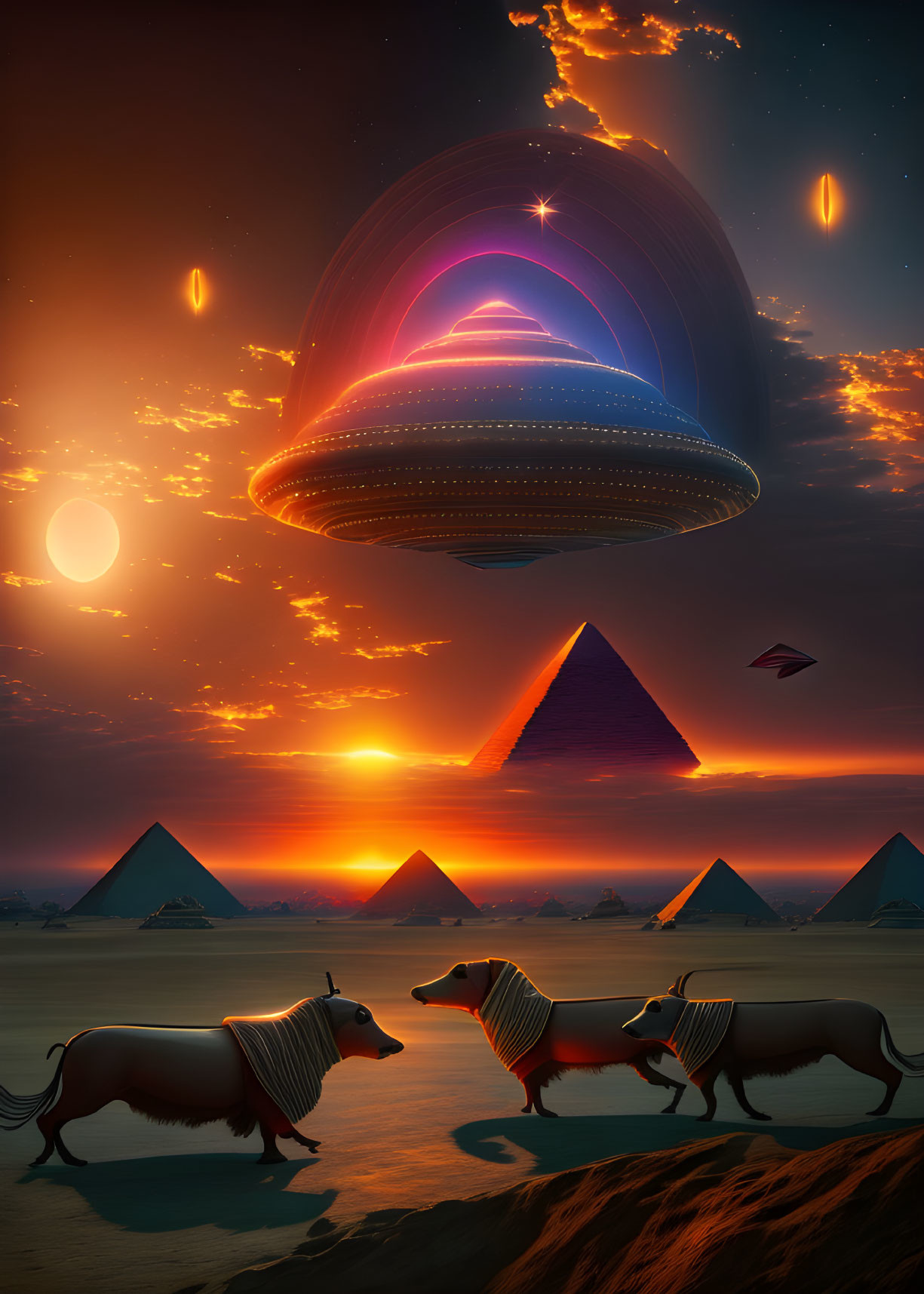 Alien spaceship hovers above Egyptian pyramids at sunset with Anubis-like animals.