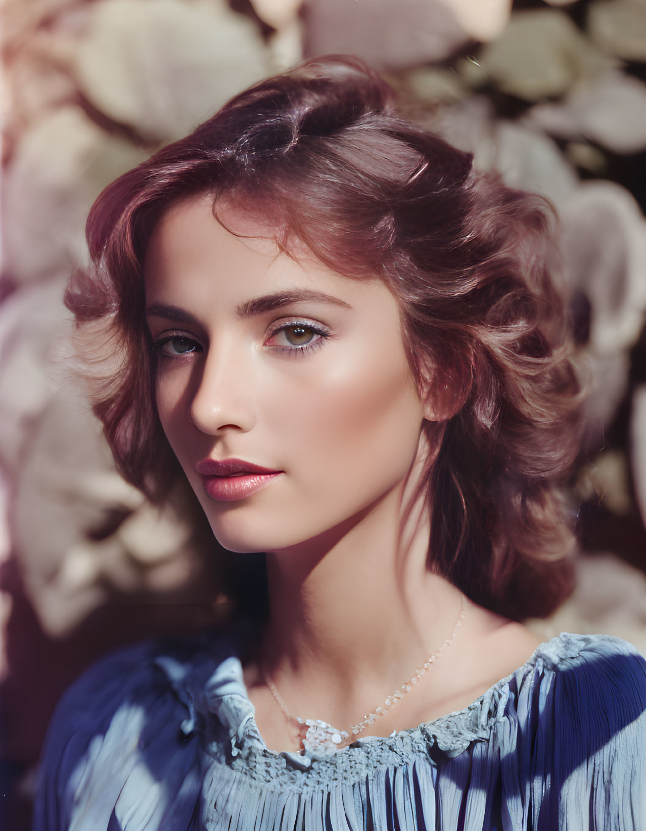 Woman with wavy hair and blue dress against floral backdrop exudes elegance