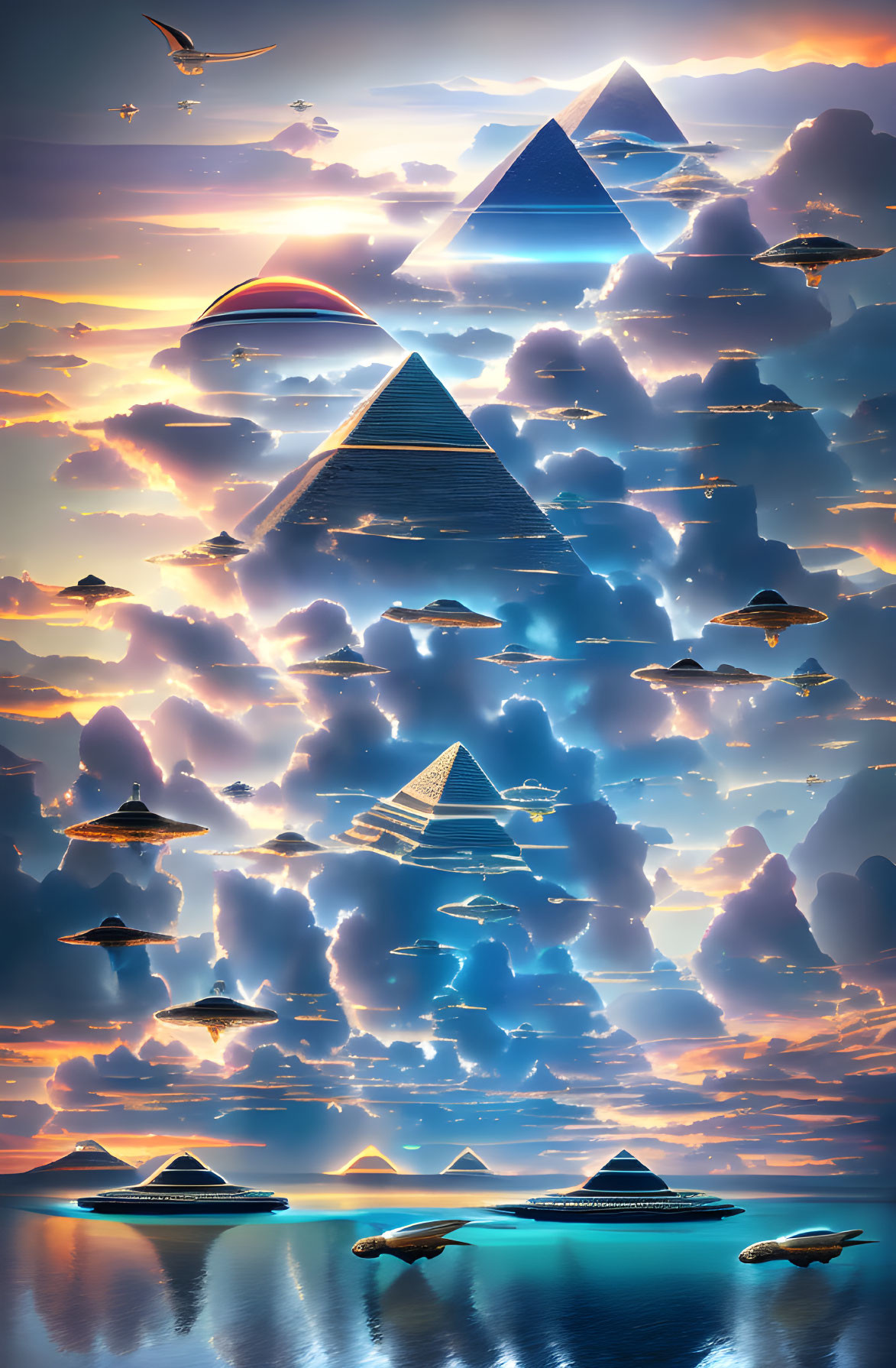 Surreal sunset landscape: floating pyramids, clouds, ocean reflection.