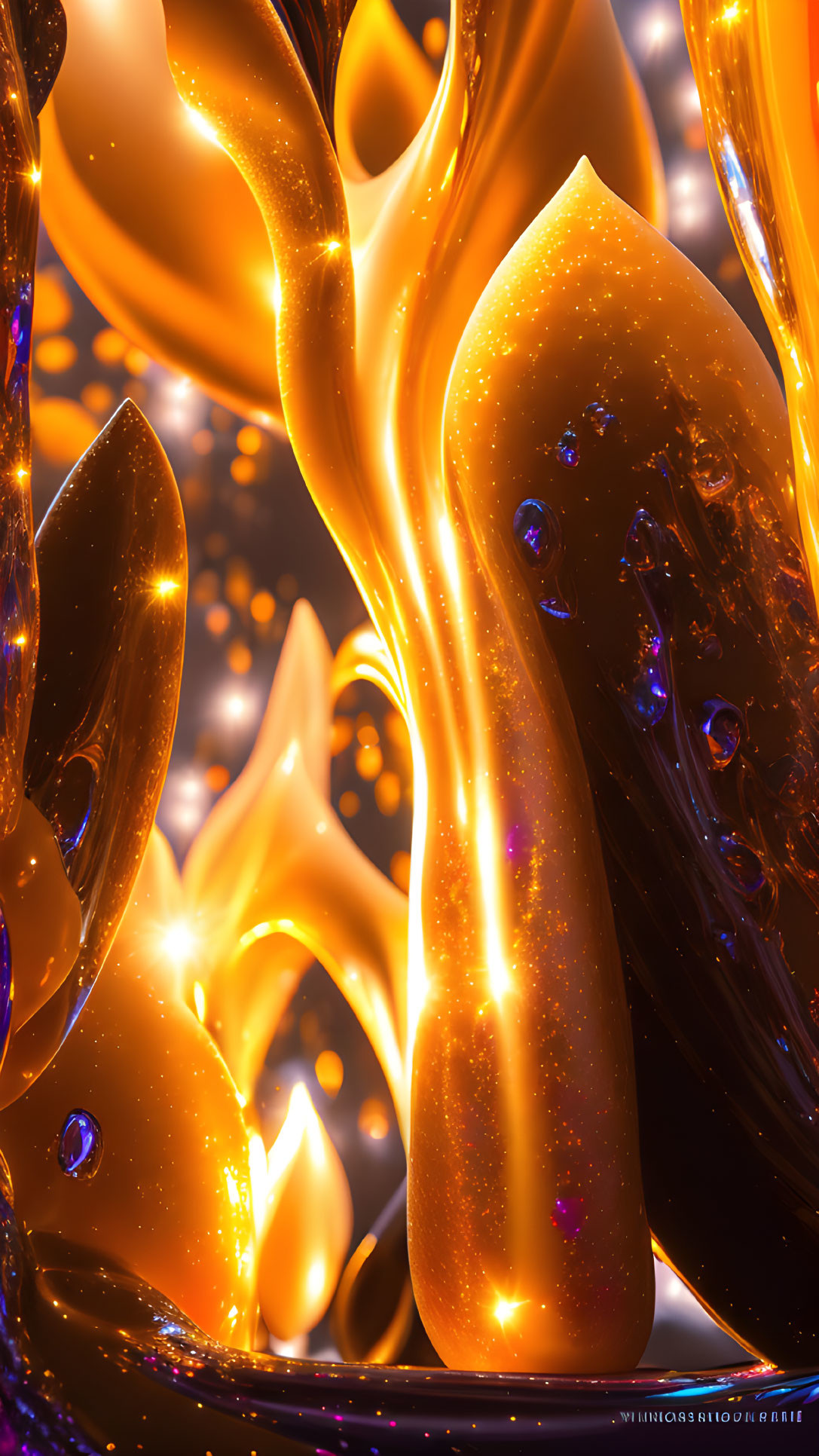 Abstract digital art: Fluid shapes in golden and orange hues with glittering particles