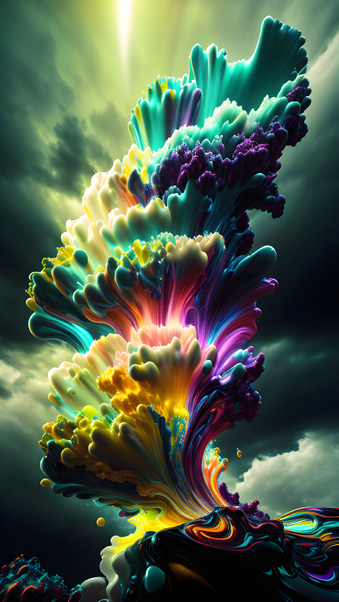 Colorful surreal artwork: intricate coral-like structure under dramatic sky