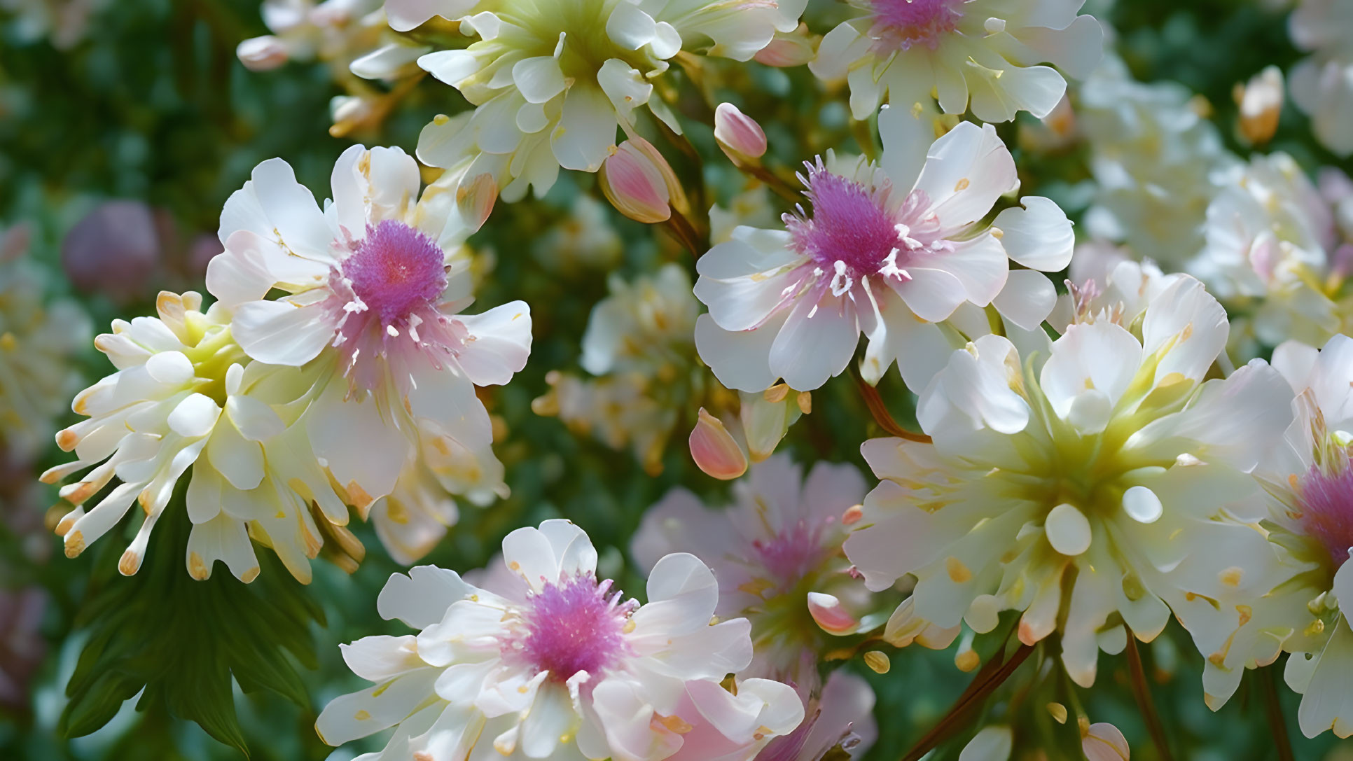 Close-up of vibrant white and pink flowers with yellow stamens on green background