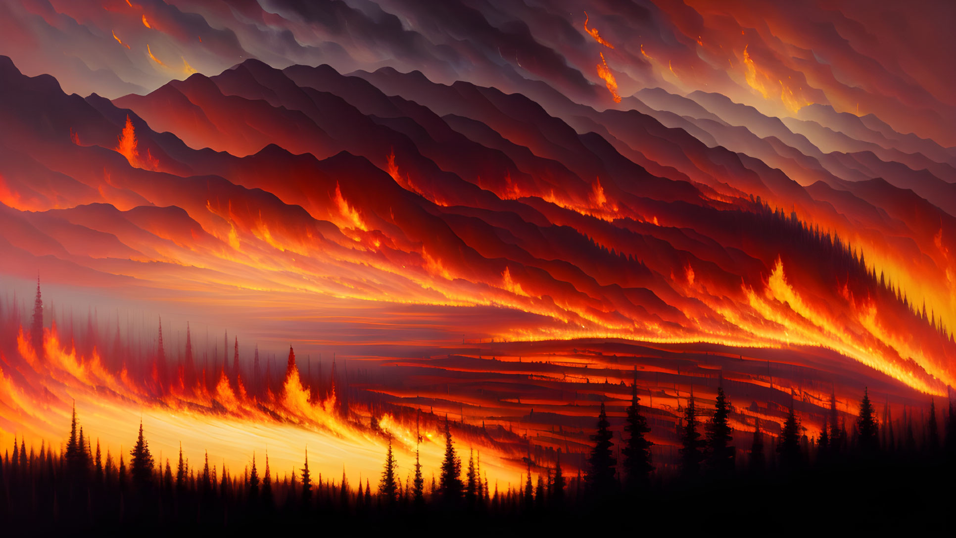 Fiery mountain landscape with glowing sky in vivid digital art