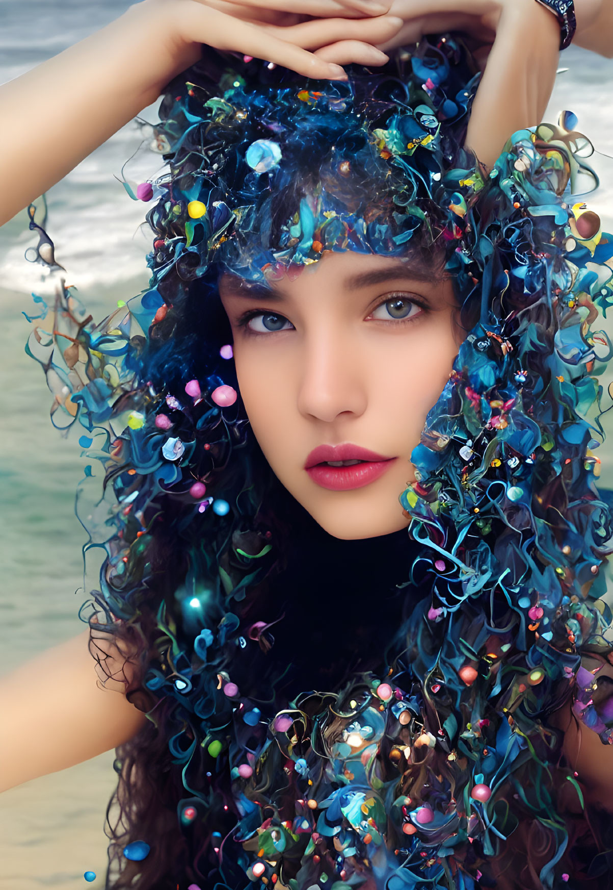 Sea-Themed Bejeweled Headwear on Woman with Curly Hair Decoration