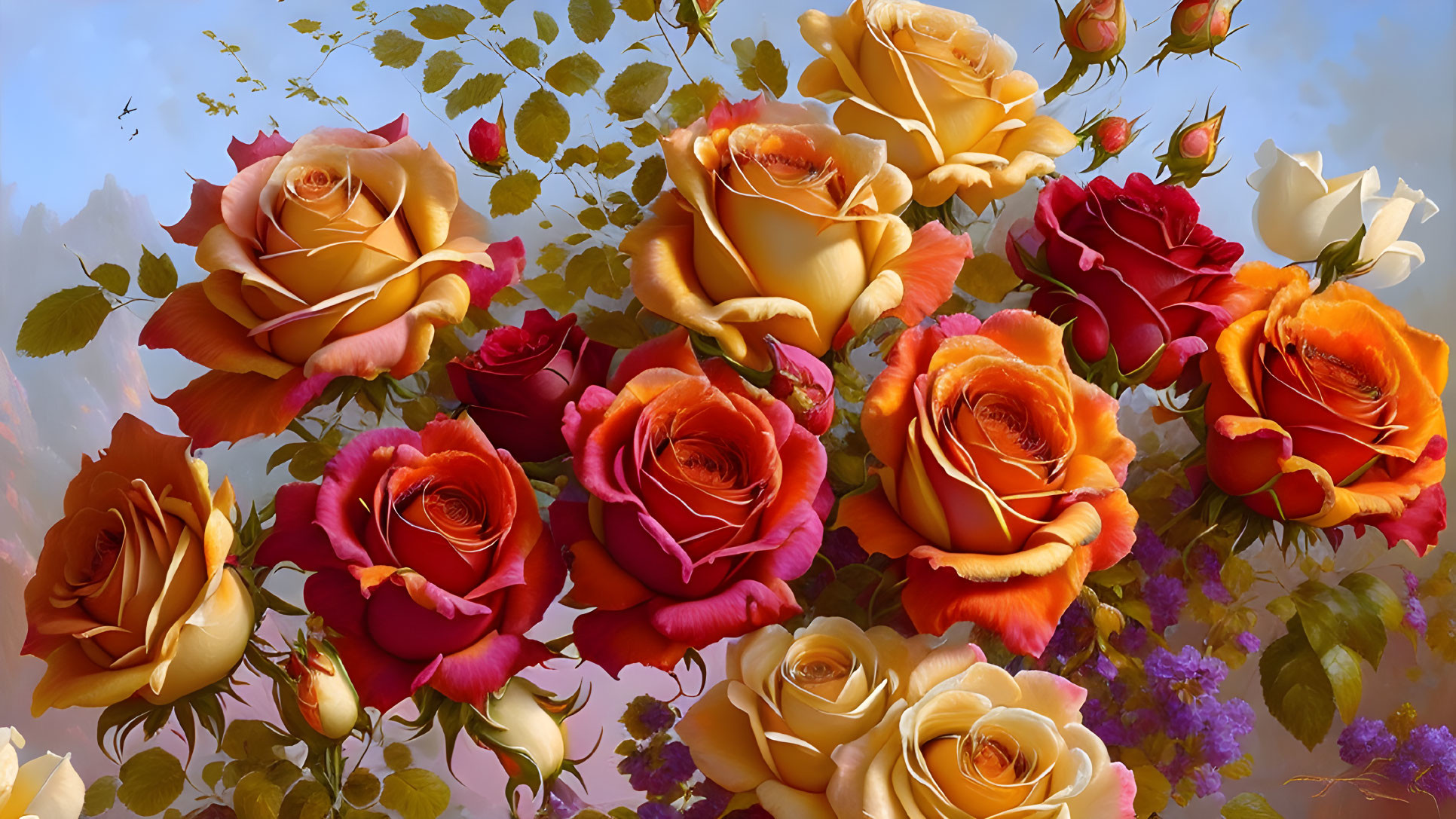 Colorful Rose Display on Soft Background with Floating Petals