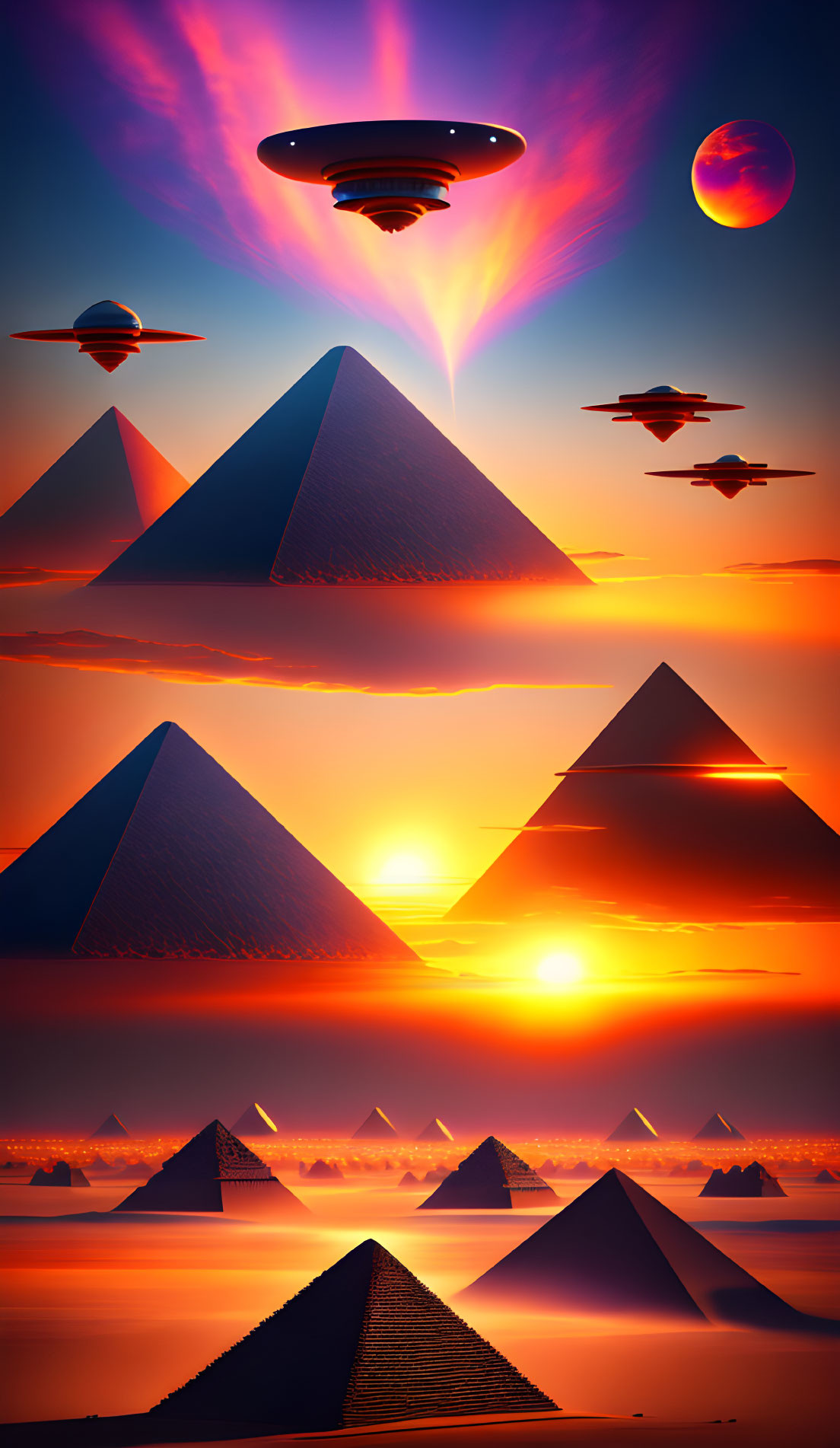 Surreal image of Egyptian pyramids at sunset with UFOs and a planet.