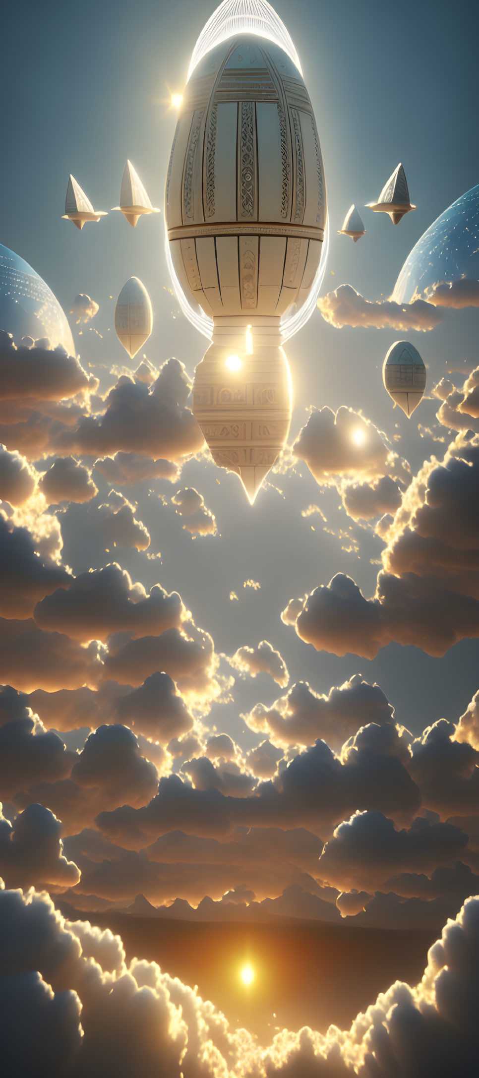 Airships float above golden clouds in a serene sky