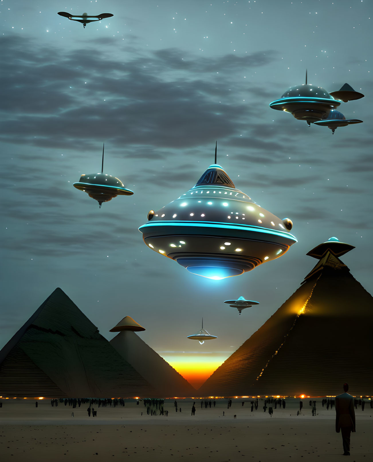 UFOs Hovering Over Egyptian Pyramids at Twilight