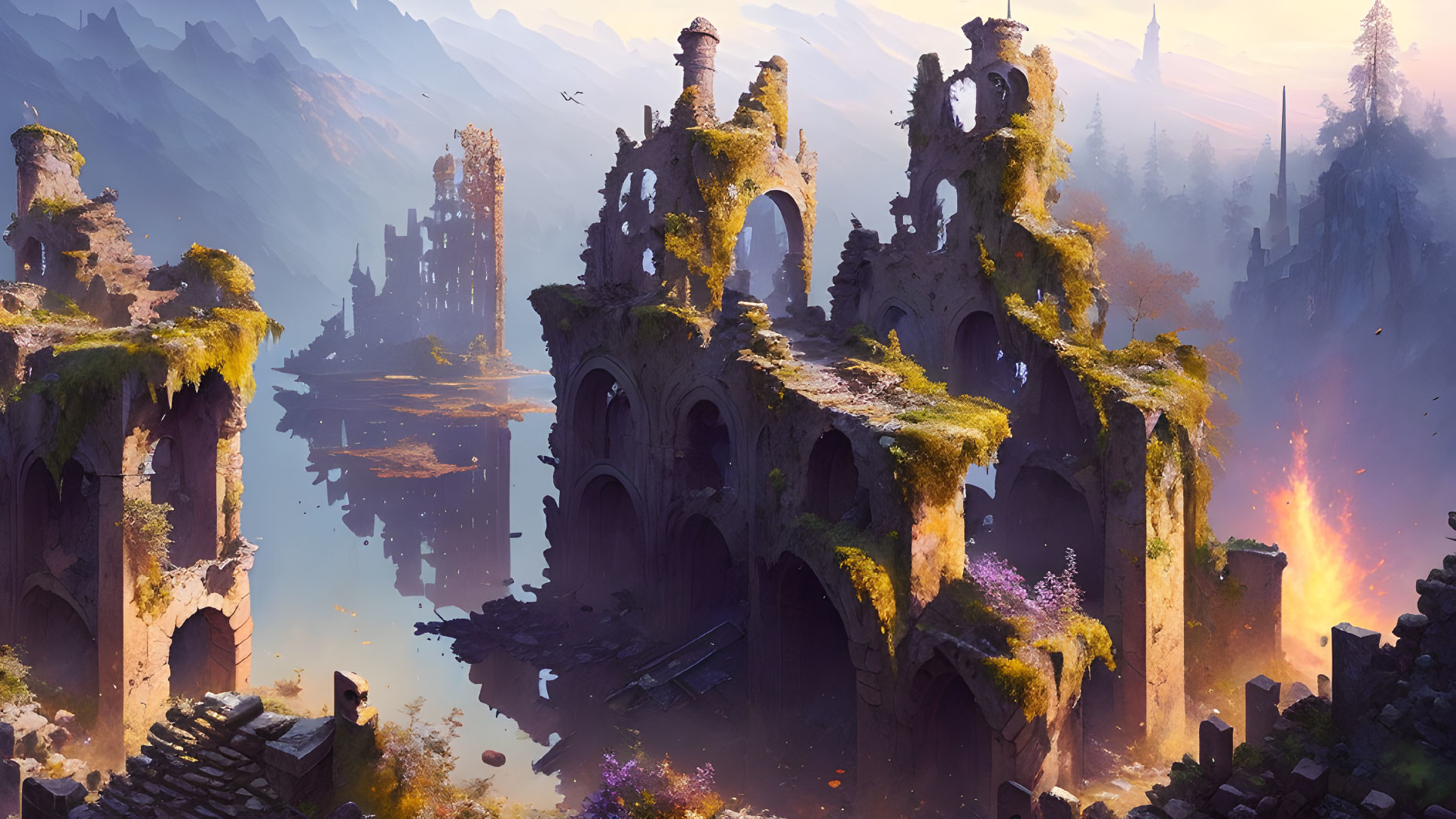 Ancient castle ruins in serene sunrise landscape