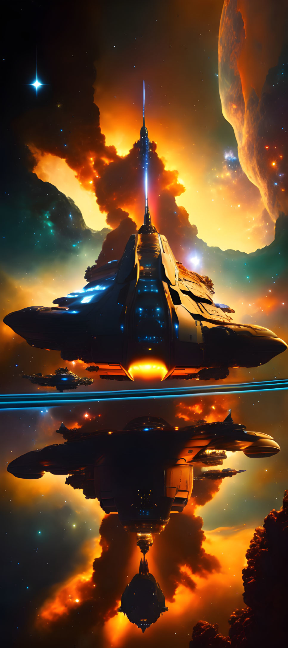 Futuristic spaceship hovering over reflective surface with dramatic sky and celestial elements