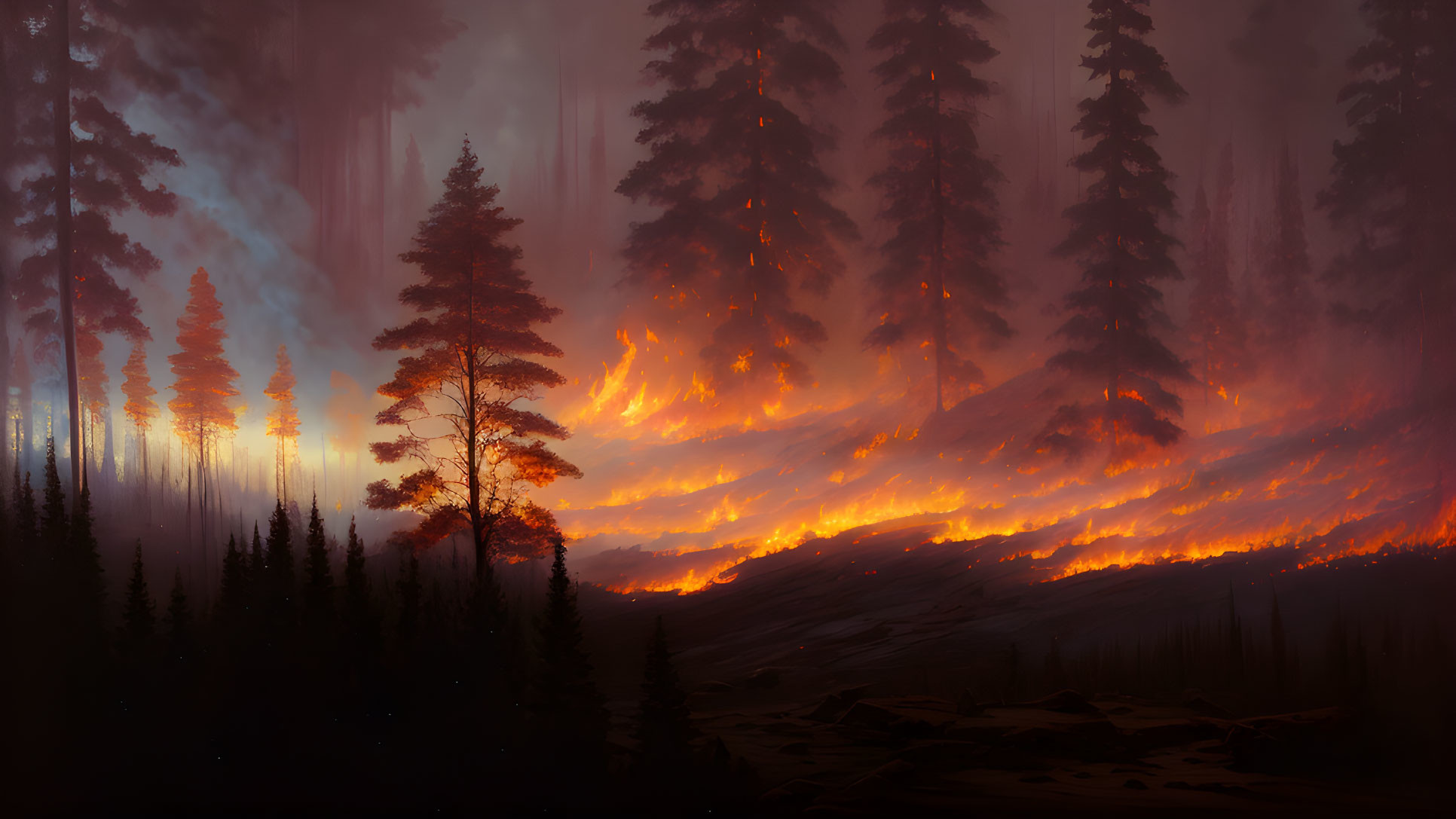 Intense forest fire with dramatic sky and glowing flames