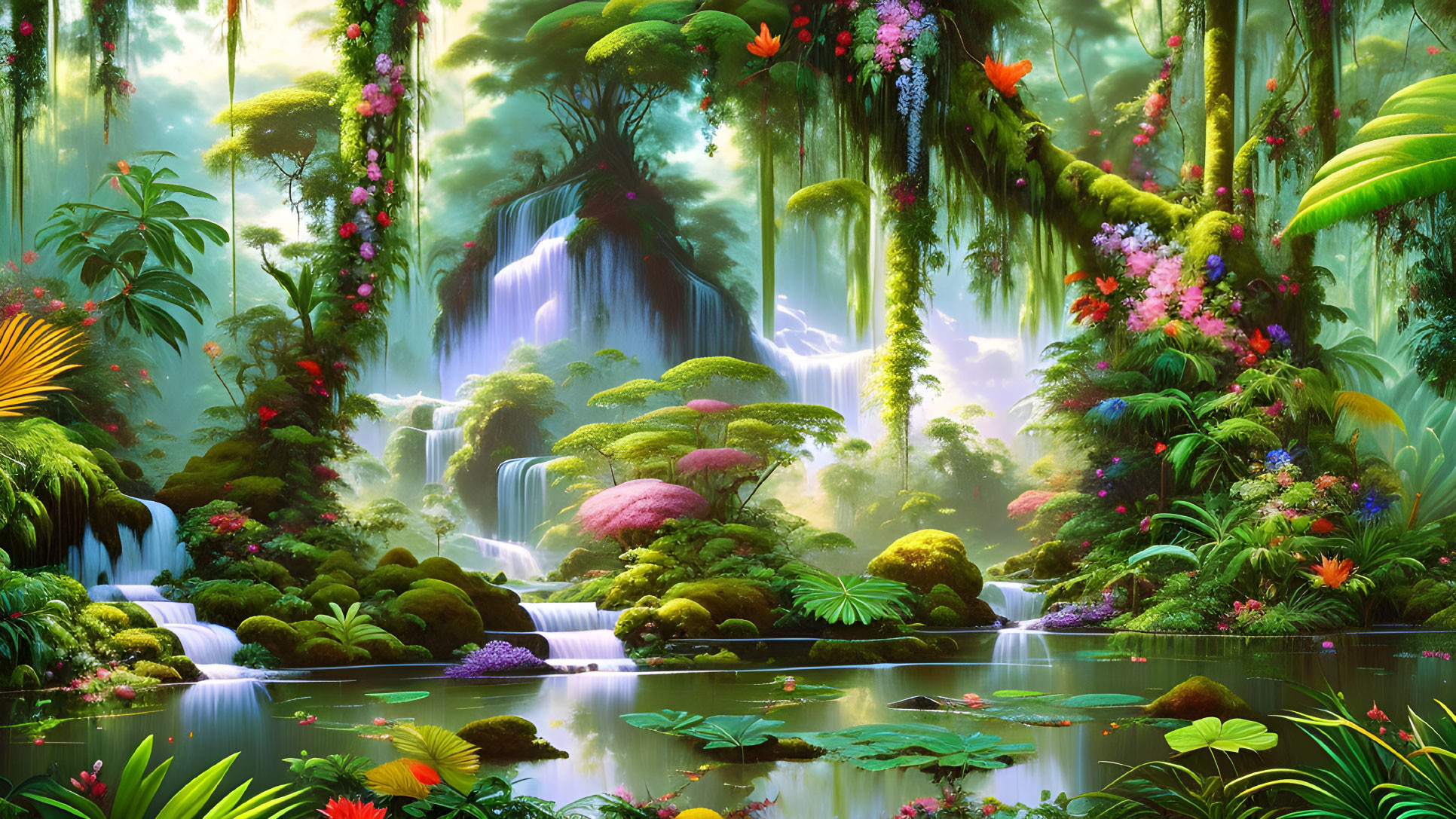 Enchanted forest digital art: lush greenery, waterfalls, exotic flowers, serene pond