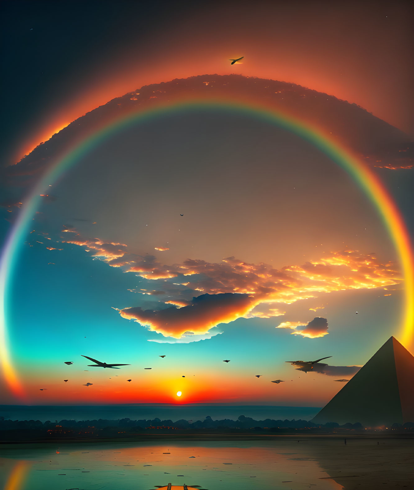 Vivid rainbow over pyramid with sunset, birds, and calm water