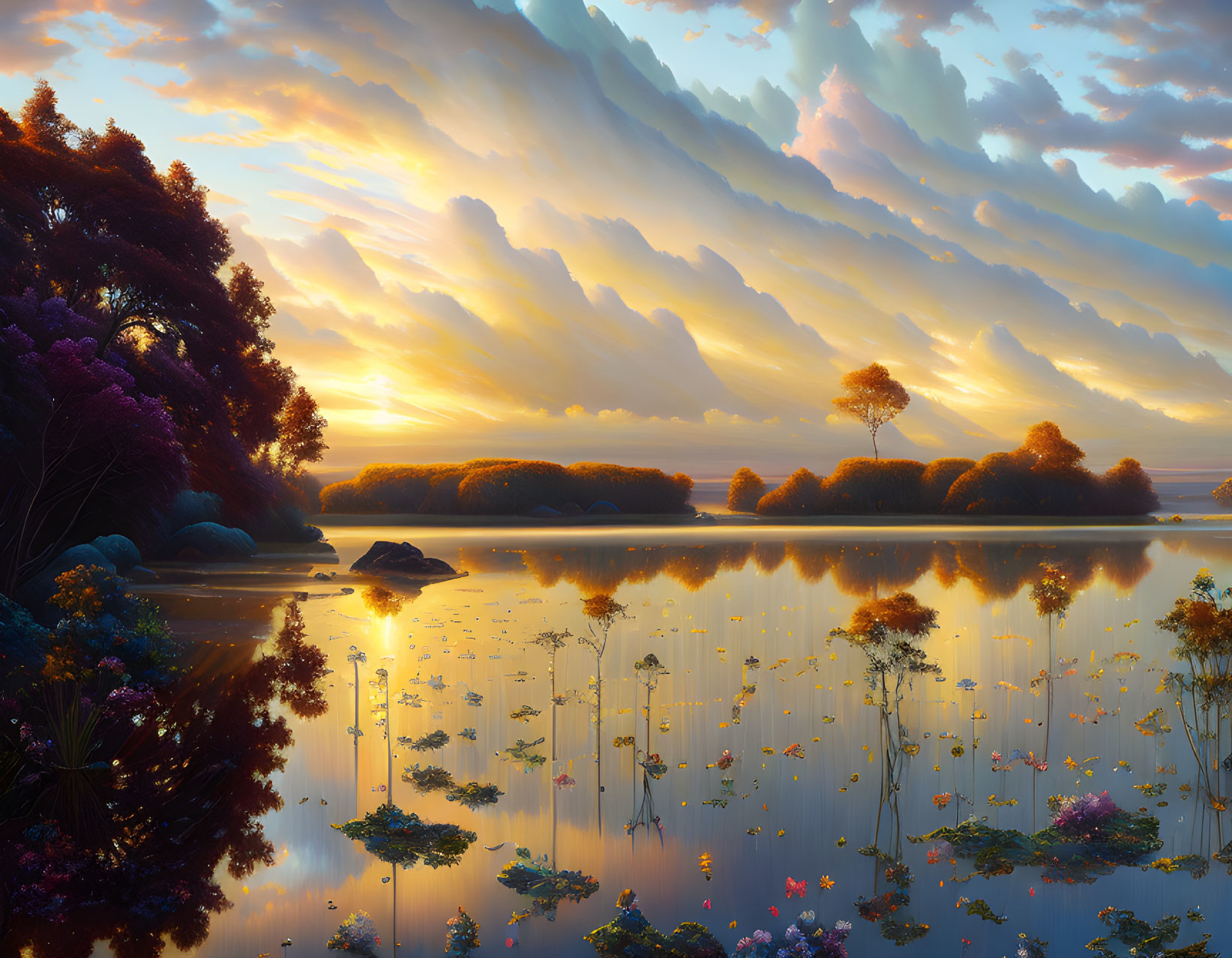 Tranquil lake sunset with pastel clouds and vibrant flora