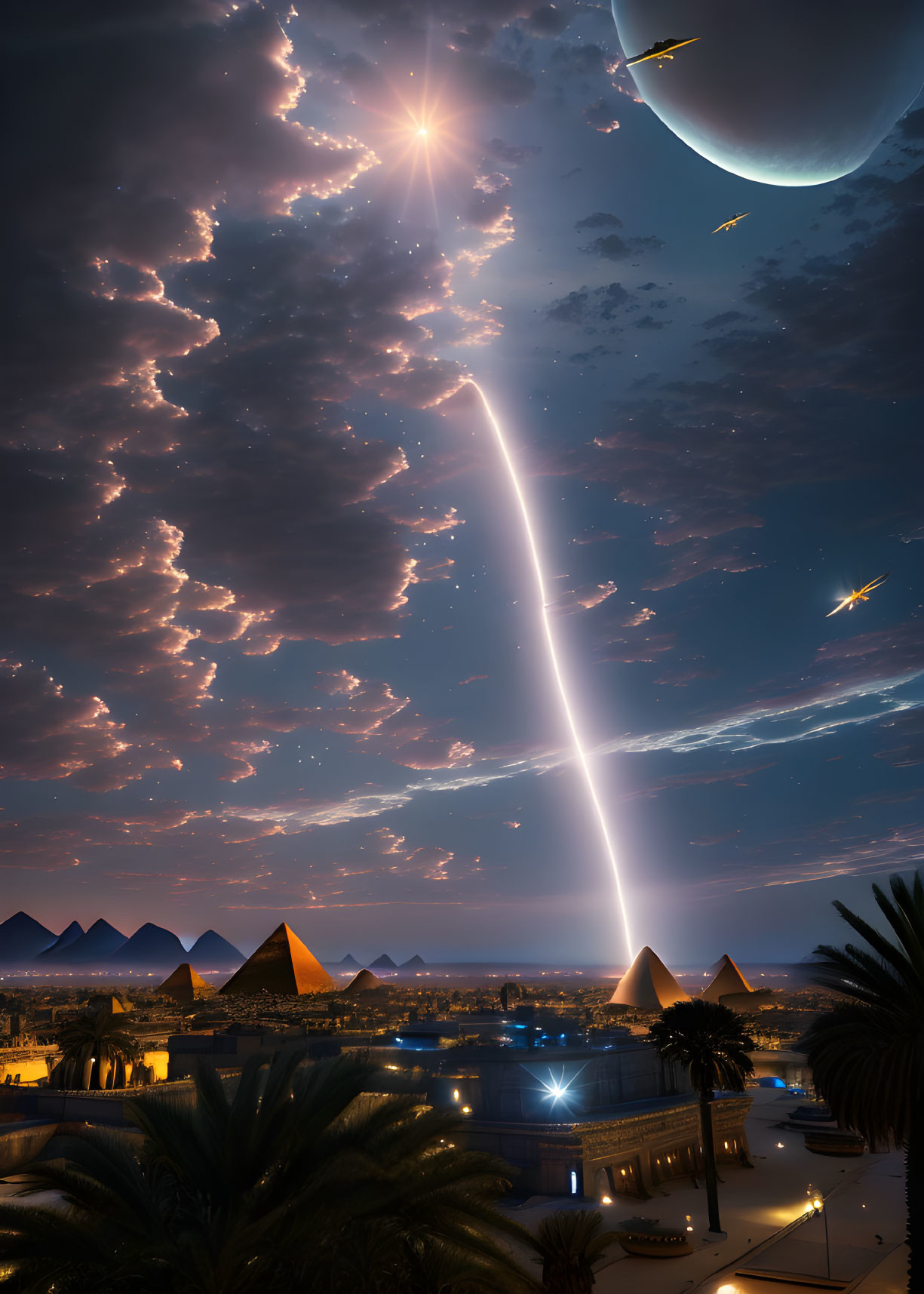 Futuristic landscape with pyramids, city, rocket launch, night sky, stars, and celestial