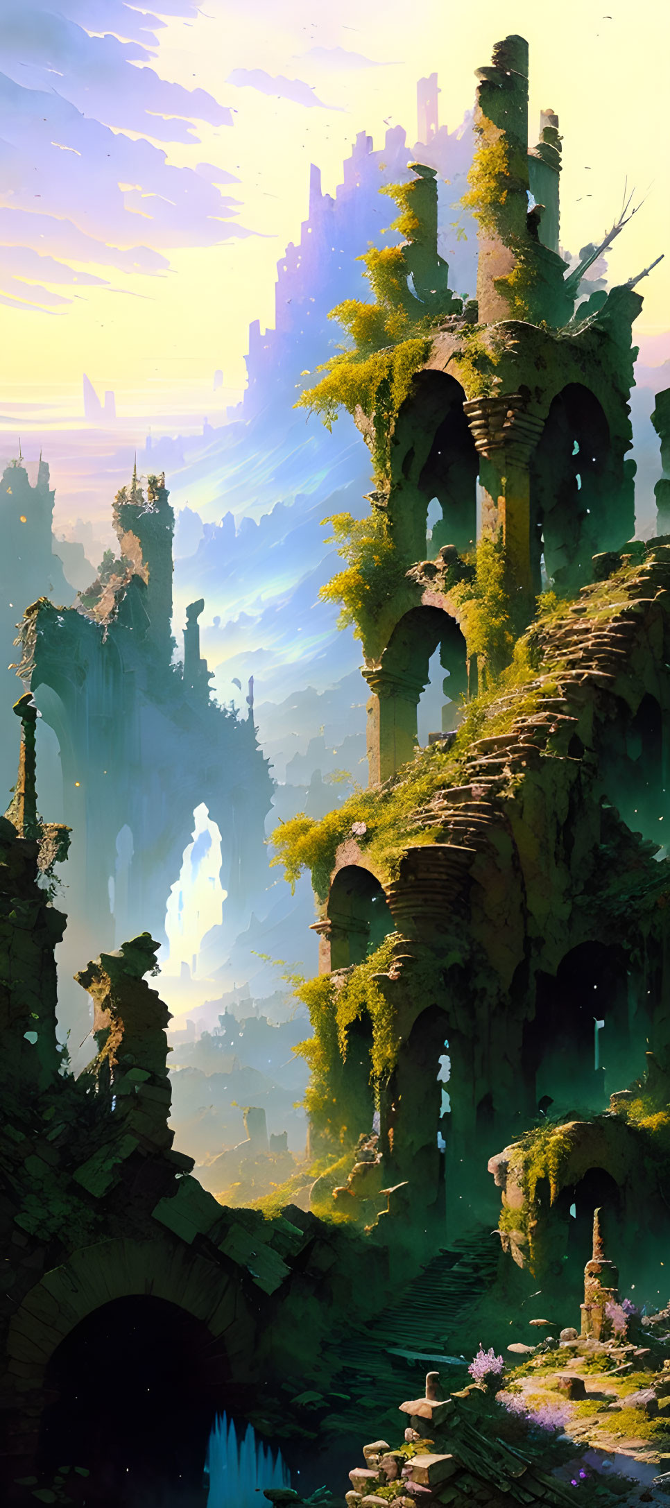 Ancient overgrown city ruins in golden sunlight