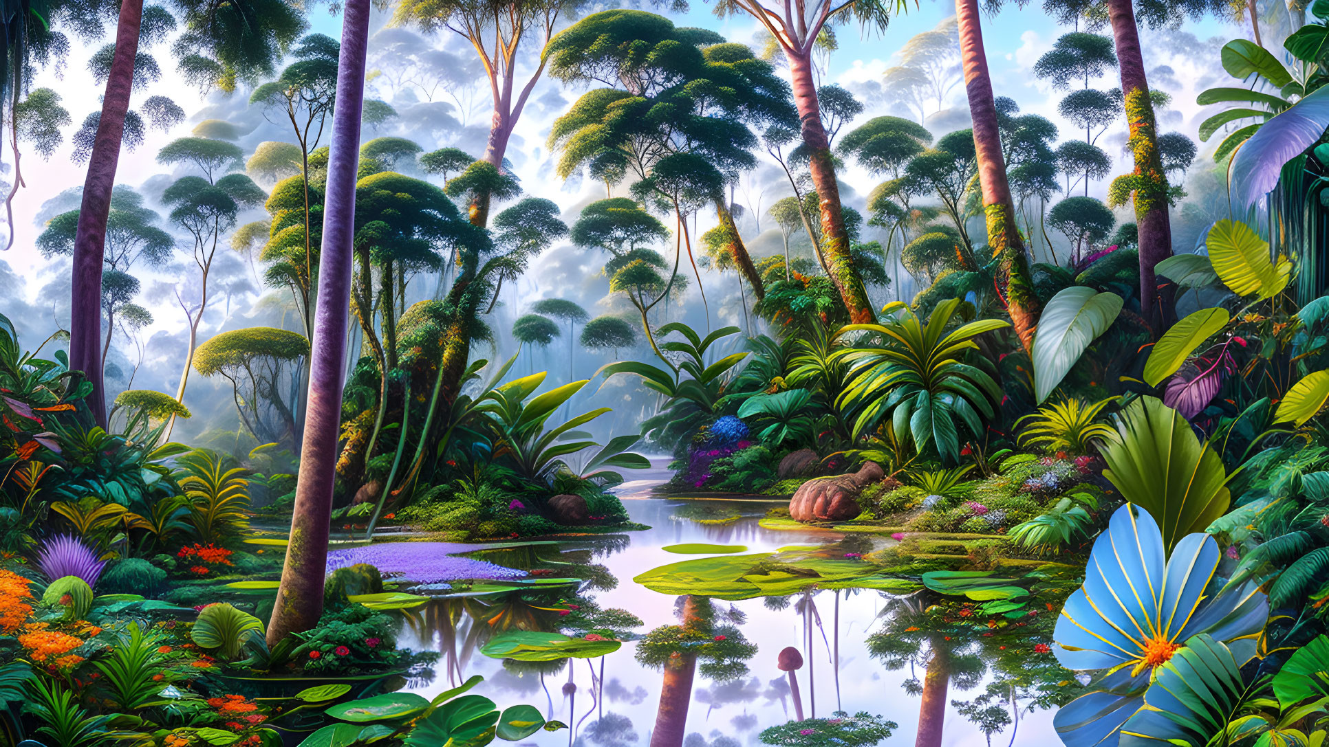 Lush Forest with Tall Trees, Colorful Flowers, and Tranquil Pond