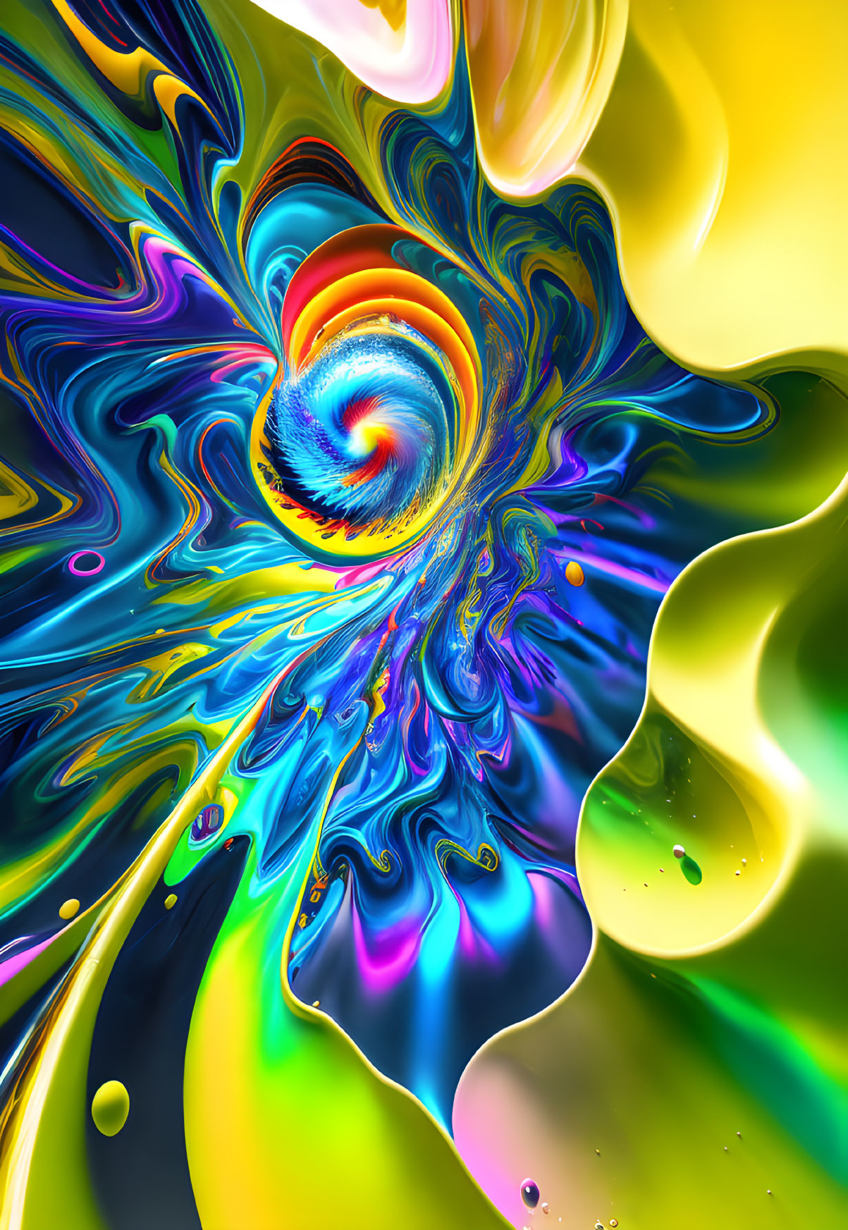 Colorful swirling vortex digital artwork: blue, yellow, green