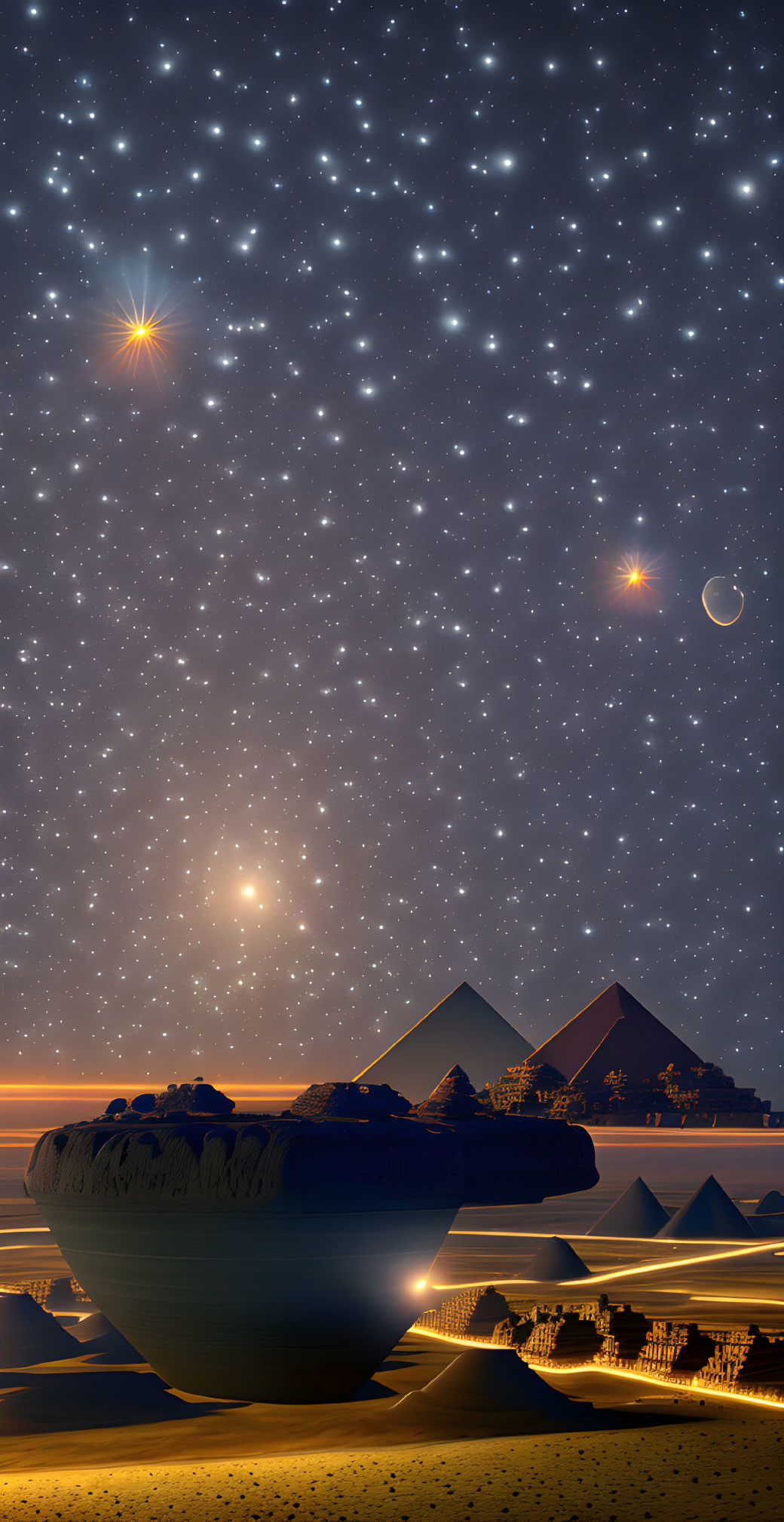 Surreal floating landmasses above Egyptian pyramids under starry sky