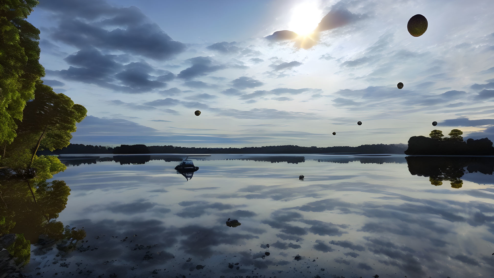 Tranquil sunrise scene: lake, clouds, trees, boat, surreal rocks