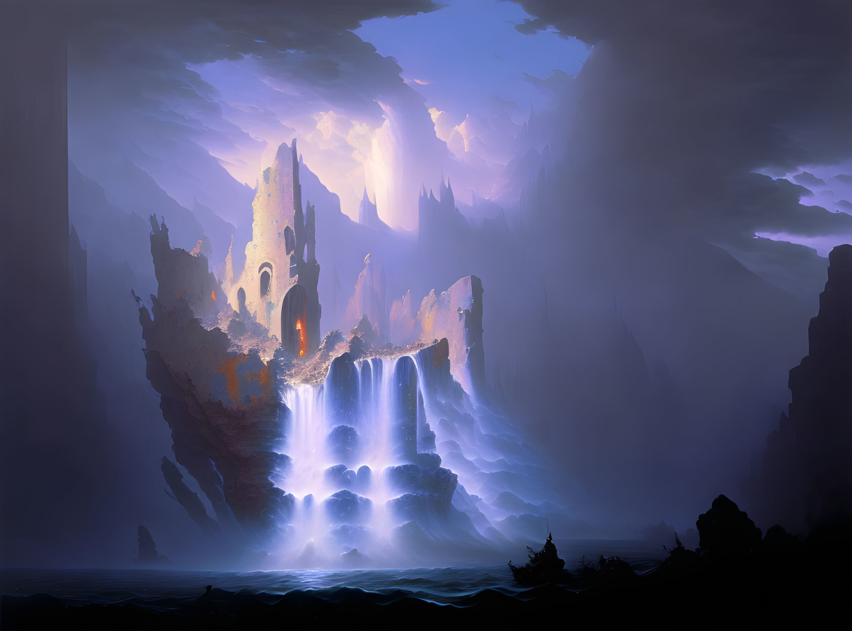 Fantasy landscape: Towering castle, waterfalls, mist, tranquil sea, dusky sky