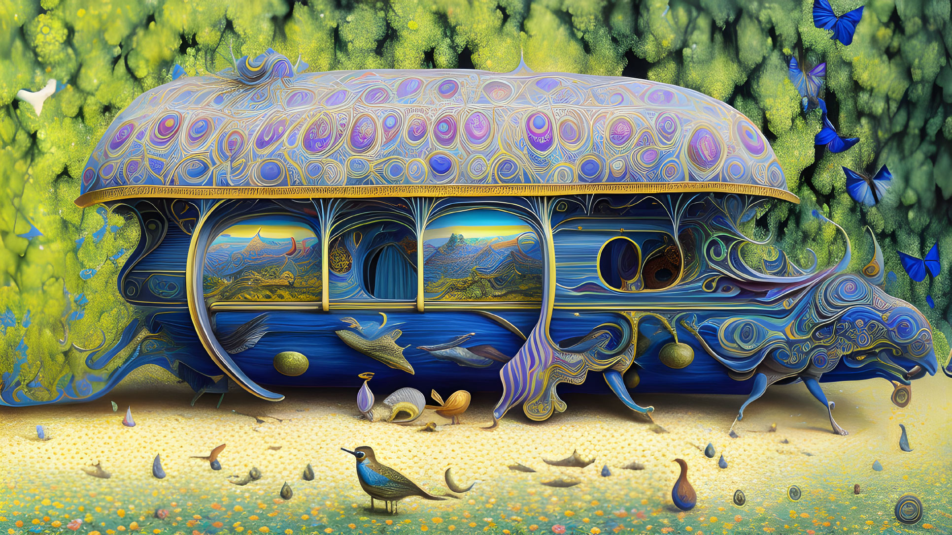 Colorful Peacock-Themed Train Illustration with Nature and Wildlife Theme