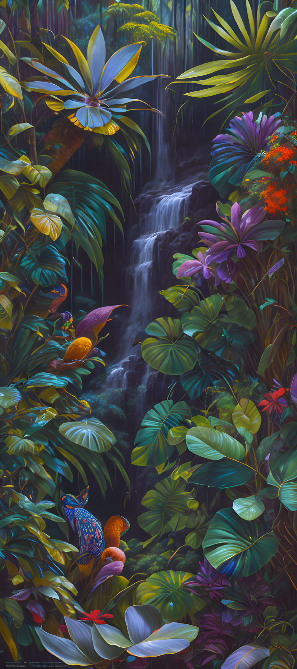 Lush Tropical Forest Scene with Waterfall and Butterflies