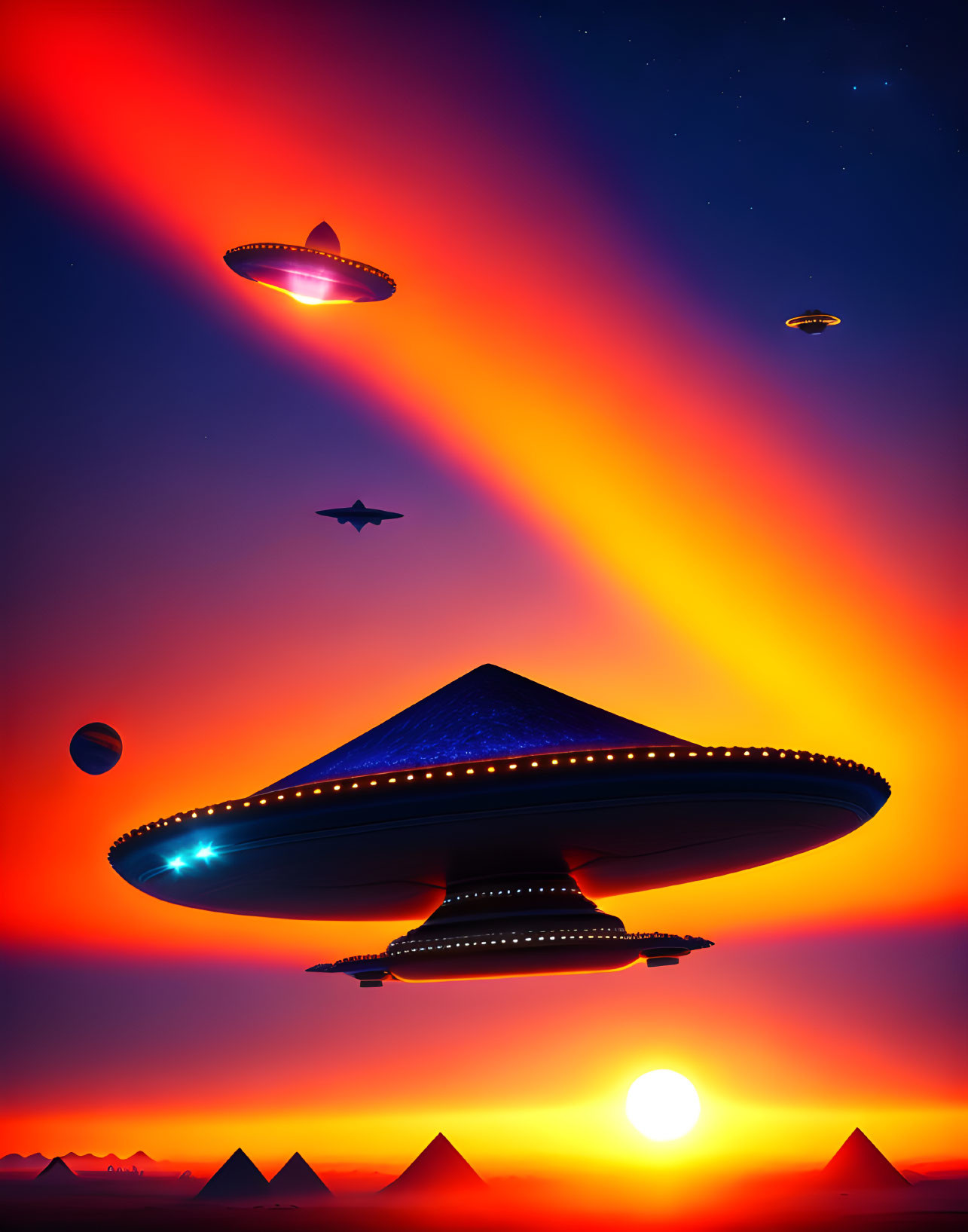 Glowing UFOs hover over pyramids in vibrant sunset sky