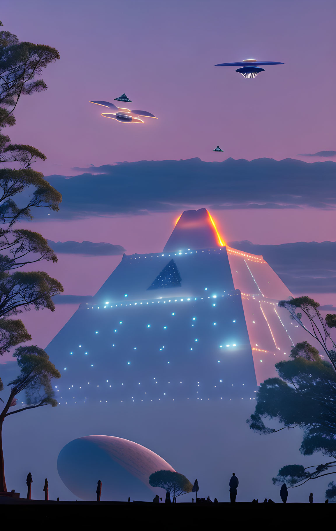 Futuristic landscape with giant pyramid, UFOs, silhouetted figures, and rising planet