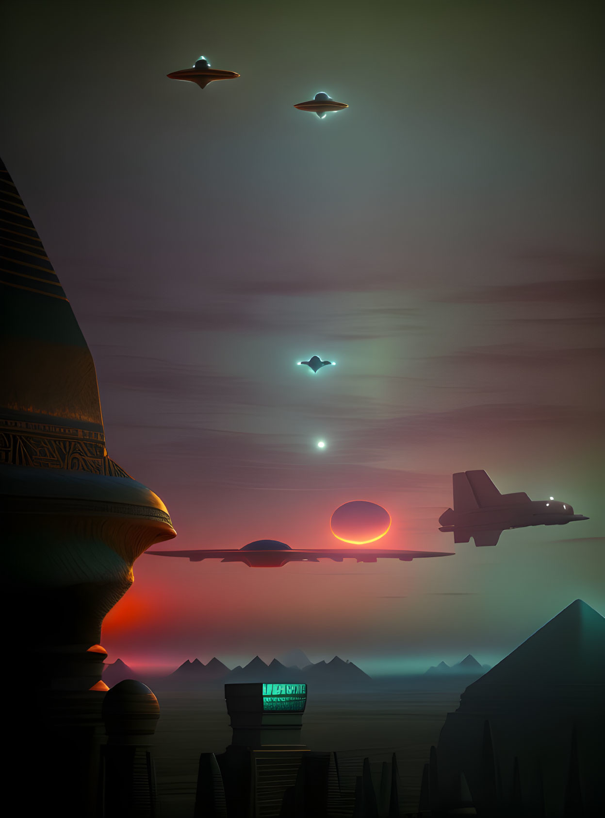 Futuristic silhouetted scene: pyramids, fighter jet, UFOs, dusk sky